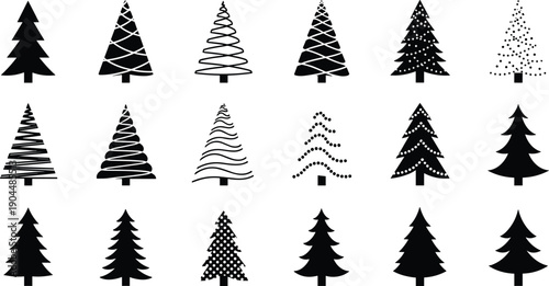 Christmas tree icon set, black silhouette pine and fir trees in various styles, minimalist vector collection for winter, holiday design, decoration, and branding