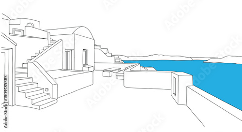 Minimalist line art of greek island architecture with sea view