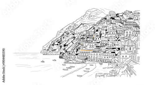Black and white sketch of coastal mediterranean village