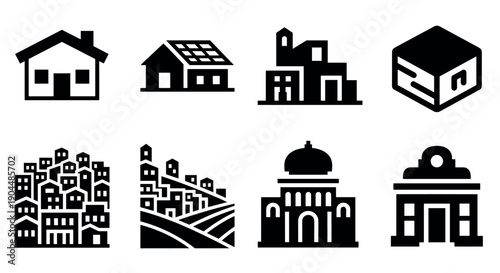Silhouette icons of various architectural styles and buildings