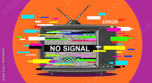 Retro television screen displaying 'NO SIGNAL' message with colorful static and digital glitch effects, symbolizing broadcast disruption and technological error