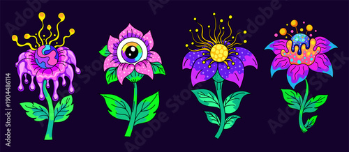 Psychedelic space trippy flowers. Groovy vibe colorful floral elements