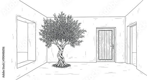 Minimalist indoor tree design in monochrome contemporary space