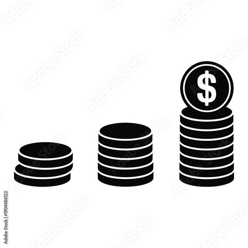 Three stacks of coins with a dollar sign on top of the largest stack. isolated on white background, Vector