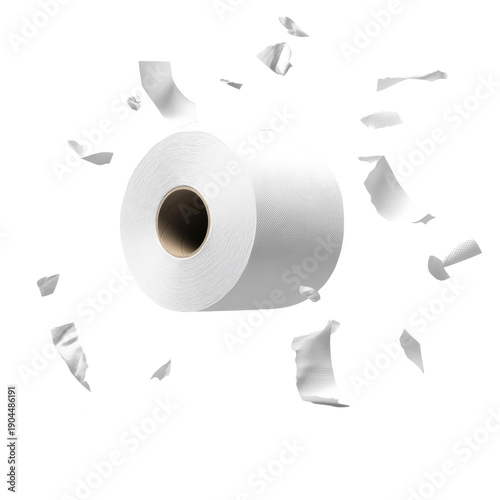 Toilet paper roll surrounded by many small flying scraps and torn pieces. Detailed isolate on white transparent background