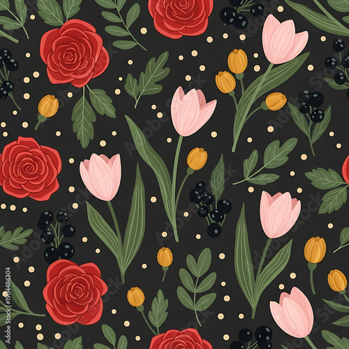 Seamless floral pattern with hand-drawn roses, tulips, and sunflowers for elegant spring and summer background design