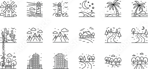 Collection of linear landscape icons featuring windmills, lighthouses, mountains, deserts, tropical beaches, urban city buildings, forest roads, and countryside nature scenes for web design
