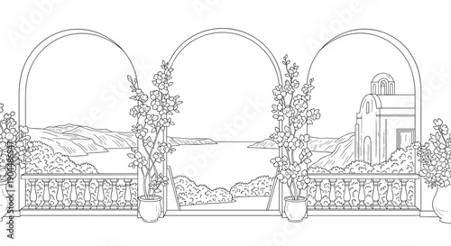 Mediterranean balcony view with arches and sea landscape in linear drawing