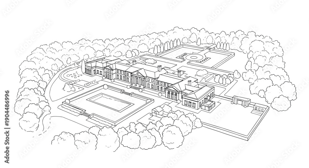 Obraz premium Detailed architectural linear drawing of expansive mansion and garden layout