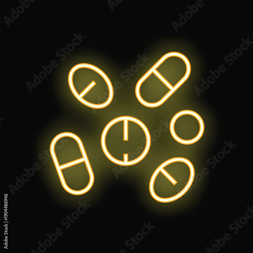 Yellow neon sign showing different shaped pills and tablets glowing on black background