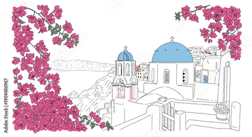 Charming greek island view with bougainvillea and blue domes in detailed line art