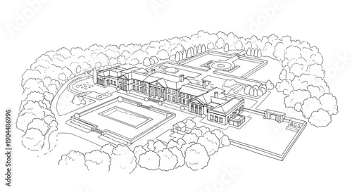 Detailed architectural linear drawing of expansive mansion and garden layout