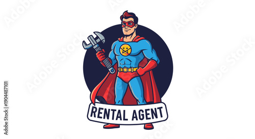Super Rental Agent holding a wrench, embodying reliability and efficiency for all your rental needs, presented as a heroic character in a classic comic book style