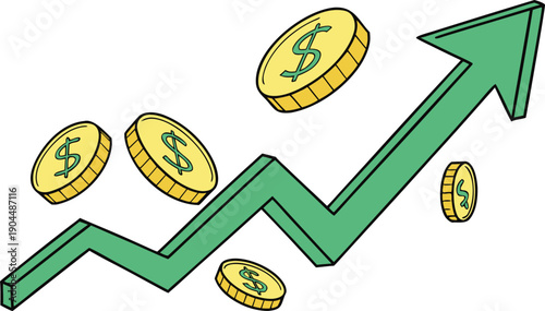 Green upward trending arrow with five falling gold dollar coins, isolated on white background