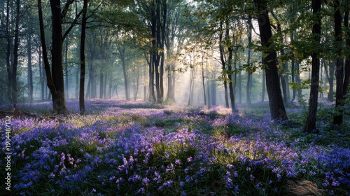 A field of bluebells in a forest, misty morning light, magical atmosphere