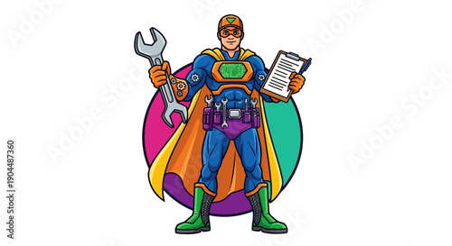 Vibrant cartoon of a heroic service professional in superhero attire, holding a wrench and clipboard, representing efficient and reliable technical assistance