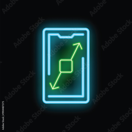 Glowing neon line icon of a smartphone with a diagonal double arrow representing a resize gesture