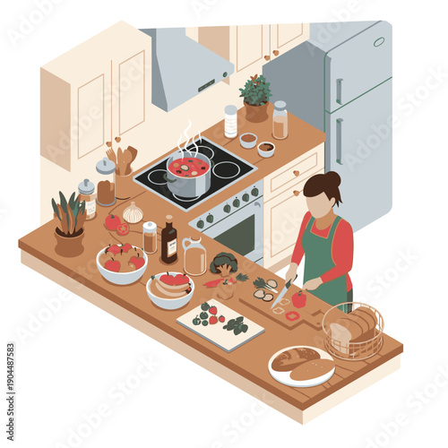 Woman Cooking in Modern Kitchen with Fresh Ingredients.