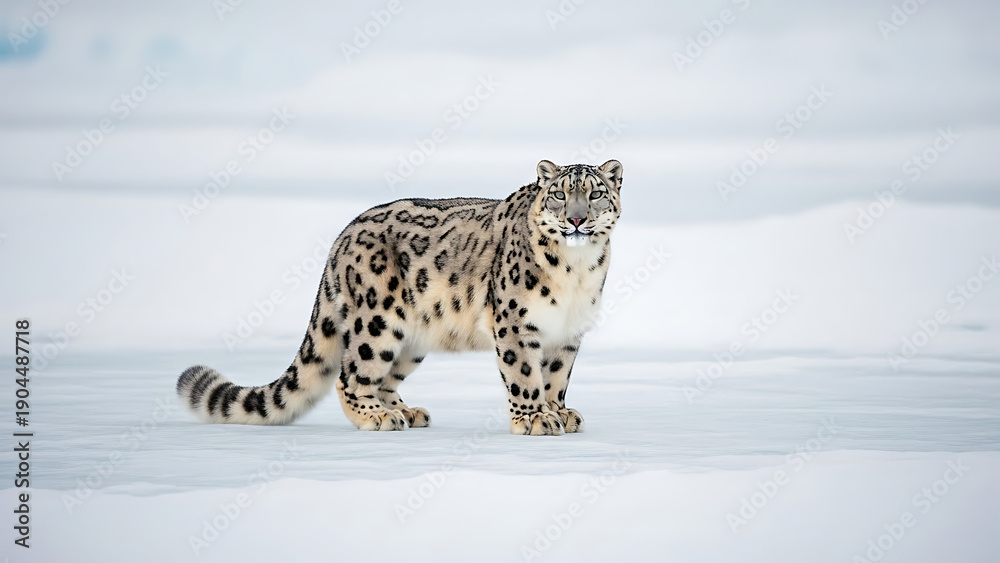 Obraz premium Majestic Snow Leopard Navigating a Frozen Winter Landscape in its Natural Habitat