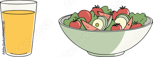 Glass of orange juice and a light green bowl of fresh salad with red tomatoes, green lettuce, and light green cucumber slices, isolated on white background