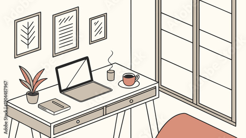 Isometric line art illustration of a minimalist home office with a laptop, coffee cup, plant, and framed pictures on a light beige desk