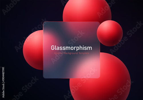 Abstract glassmorphism square panel with red floating spheres on dark gradient background