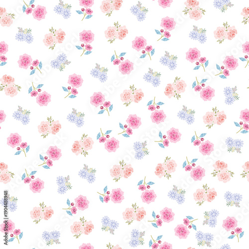 coquette seamless pastel flowers pattern. Delicate petals and vibrant blossoms create an artistic and vintage botanical illustration. Perfect for wallpaper, fabric, wrapping paper and more.