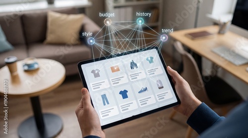 Person using tablet to browse clothing items with AI style and trend analysis overlay