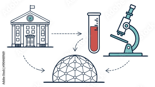 Scientific Research Illustration with Building, Microscope, Test Tube, and Network Dome