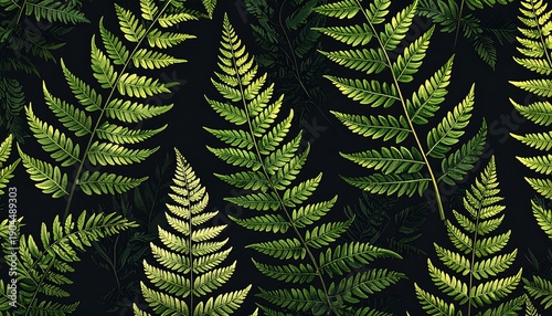 Digitally rendered, repeating pattern of green fern fronds on a dark background