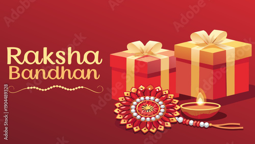 Raksha bandhan gifts and rakhi with diya on red background indian festival celebration