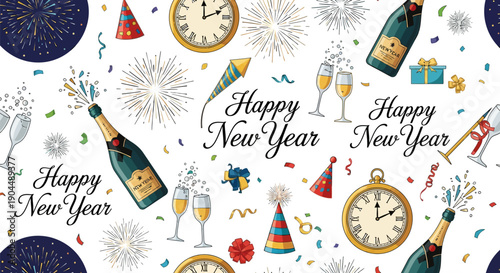 Seamless vector pattern of New Year's Eve celebration elements including champagne bottles, flutes, confetti, fireworks, party hats, and clocks on a white background.