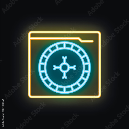 Neon icon of blue roulette wheel inside yellow computer window glowing on black background