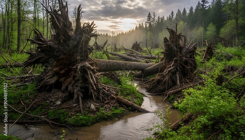 Fallen trees with exposed roots in a forest with a creek, backlit by a dusky sun