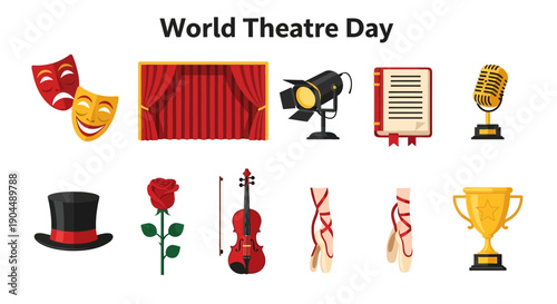 Icons representing World Theatre Day on a white background