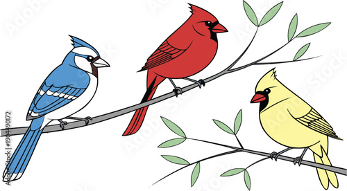 A trio of vibrant birds perched on a leafy branch, evoking a sense of serenity and connection to nature
