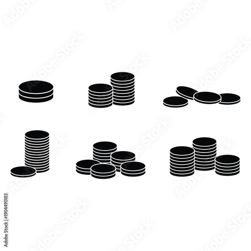 A collection of various stacks of coins in a black and white image isolated on white background, Vector
