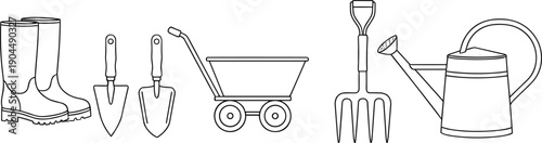 Gardening tools line illustration set featuring boots, shovels, wheelbarrow, fork, and watering can in minimal outline vector style