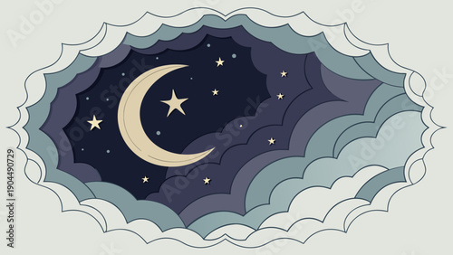 Whimsical Night Sky with Crescent Moon and Stars Shining Through Clouds