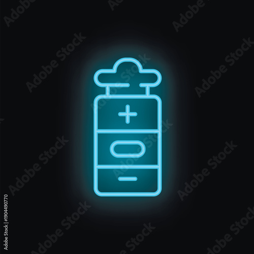 Blue neon battery icon glowing against a dark background, representing the concept of charging and power
