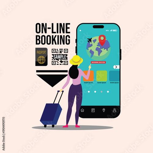 illustration of a female tourist booking on line app tour and travel