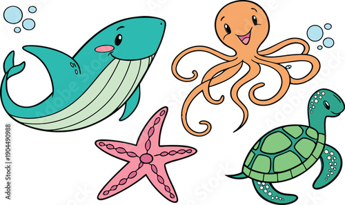 Delightful ocean friends come together in this playful illustration, featuring a whale, octopus, turtle, and starfish