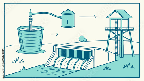 Water Treatment Process Illustration with Pump, Tank, Dam, and Elevated Tower