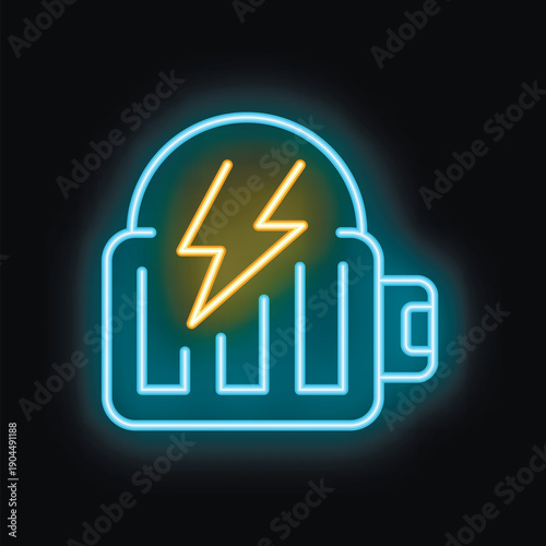 Blue neon sign of a battery charging, with a yellow lightning bolt, on a black background