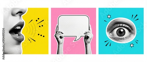 Collage of communication elements: speaking mouth, empty speech bubble, and surprised eye
