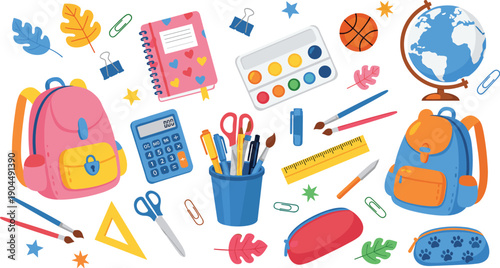 School supplies illustration set featuring backpacks, stationery, paint tools, globe, and learning accessories in colorful flat vector style