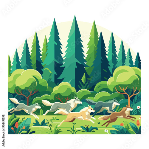 Wolf Pack Running In Forest Vector Design