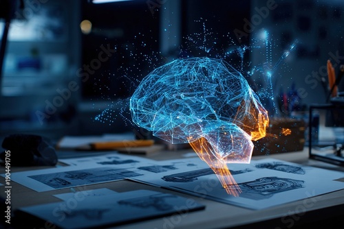 A glowing, semi-transparent neural network diagram dynamically floats above the designer's desktop, intricately connecting the physical sketches and models of the product prototype.