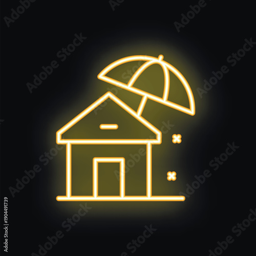 Glowing neon yellow home insurance icon depicting an umbrella covering a house
