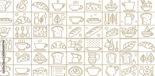 PrintBakery and Food Line Icon Pattern Set Featuring Bread Cheese Coffee Breakfast Tableware Ingredients and Kitchen Elements in Minimal Outline Style